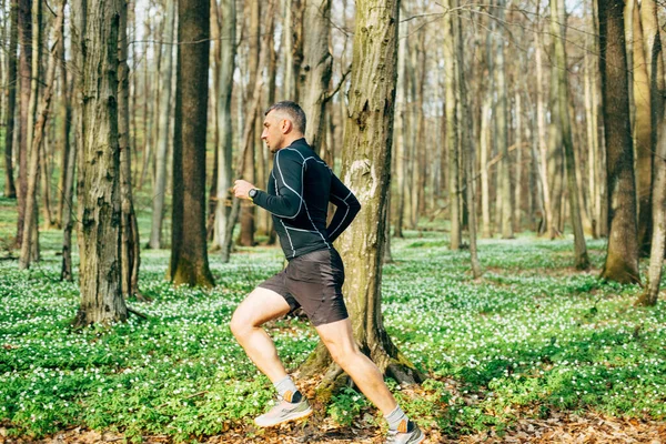 Szerokie Ujęcie Sportowca Biegającego Pięknym Wiosennym Lesie Koncepcja Sportu Wellness — Zdjęcie stockowe