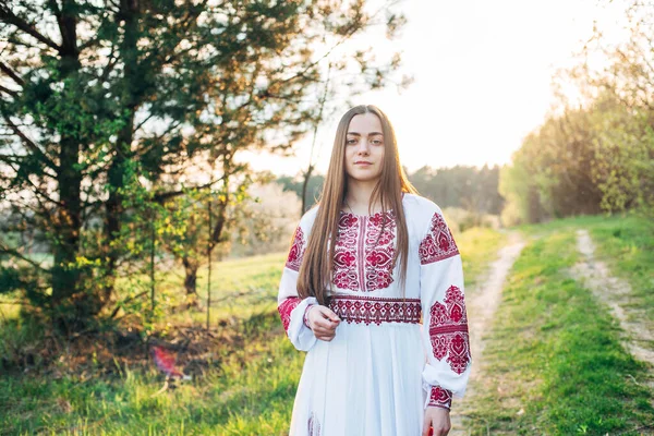 Młoda Piękna Ukraińska Kobieta Vyshyvanka Ukraińskie Ubrania Narodowe Kobieta Wsi — Zdjęcie stockowe