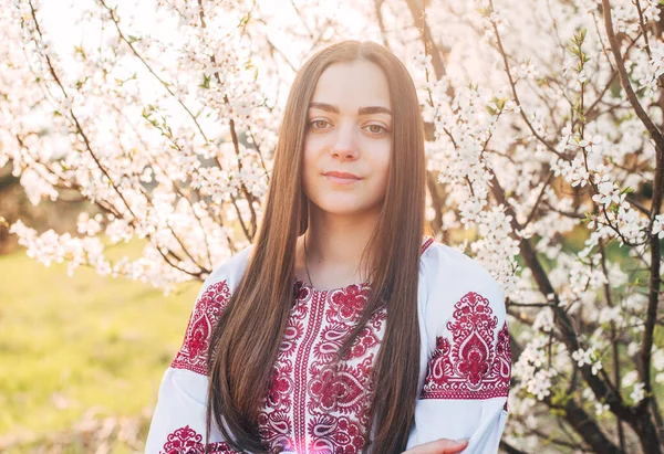 young beautiful Ukrainian woman in vyshyvanka - ukrainian national clothes. Woman in countryside near the blossoming tree. Stand with Ukraine