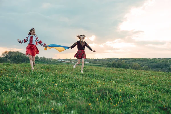 Dos Niñas Ropa Tradicional Ucraniana Vysyvanka Divertirse Sonreír Campo Durante — Foto de Stock