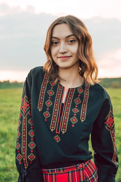 Vyshyvanka Daki Genç Güzel Ukraynalı Kadın Gün Batımında Kırsal Alanda Telifsiz Stok Fotoğraflar