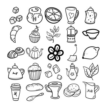 Çay Saati Çizgili Çizgi Çizgi Sanat Taslağı Çay Zamanı, Şeker Küpleri, Bal, Kettle, Limon, Fincan, Çaydanlık, Kupa, Turuncu, Kruvasan, Çay Yaprakları, Çay Torbası, Kek, Kek, Kurabiye, Chelsea Çöreği, Çiçek Çayı, Buz Küpü, Çay kaşığı,