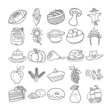 Şükran Günü El Çizimi Sanat Taslağı Mayflower, Mısır, Balkabağı turtası, Buğday, Sos, Elma turtası, Başlık, Türkiye, Futbol, Ekmek, Pilgrim şapkası, Puding, Üzüm, Elma, Elma, Yumurta, Donut, Ayçiçeği, Korkuluk,