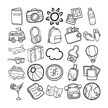 Seyahat El Çizgisi Çizim Çizgisi Çizgisi Çizim Seti Seyahat, Pasaport, güneş gözlükleri, resimler, plastik şişe, otobüs, kulaklık, sırt çantası, harita, cüzdan, parmak arası terlik, uçak, bavul, bulut, kamera, balon, gezi, plaj topu, pusula