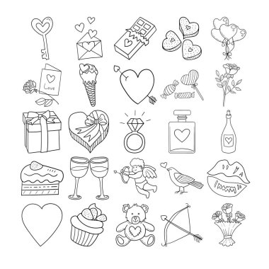 Valentine Hand Çizgili Çizgi Çizgi Çizgisi Çizgi Seti Kart, Zarf, Parfüm, Öpücük, Kuş, Gül, Çikolata, Buket, Aşk Tanrısı, Aşk Delisi, Anahtar, Dondurma, Yüzük, Ok, Kurabiye, Kek, Hediye, Şeker, Oyuncak Ayı, Balon, Çikolata Kutusu,