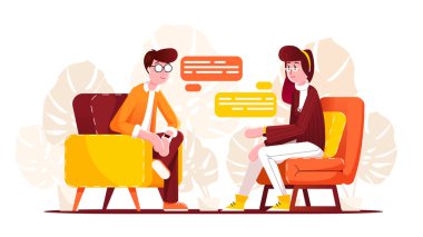 Two handsome people sit opposite each other and speaking. A man and a woman speaking about something. Communication process flat design. Vector Illustration clipart