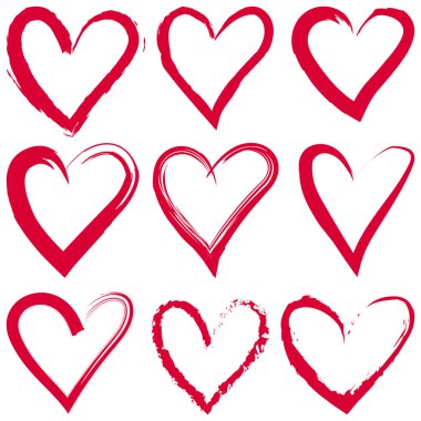 Kalpler hazır. Sevgililer günün kutlu olsun. Beyaz arka planda izole edilmiş bir fırçayla boyanmış 9 kırmızı kalp. Sevgililer Günü Vektör İllüstrasyonu