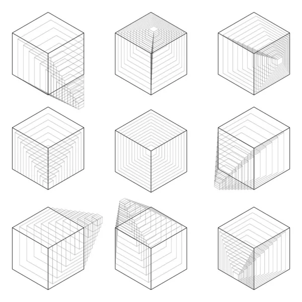 Cube Construction Isometric Set Black Geometric Cubes Isolated White Background — Stock Vector