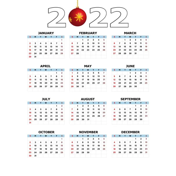 Kalender 2022 Mall Vit Bakgrund Veckan Börjar Söndag Helgdagar Röda — Stock vektor