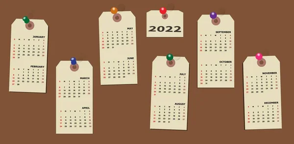 Calendário 2022 Digite Mensalmente Quadro Semana Começa Domingo Feriados Cores — Vetor de Stock