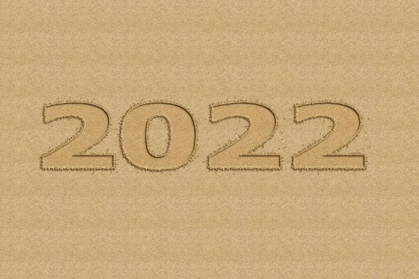 3Dイラストテキスト砂のデザインと新年のコンセプト2022デザイン 2022年のビジネス日記の表紙 パンフレットのデザインテンプレート カード バナー 砂の上で — ストック写真