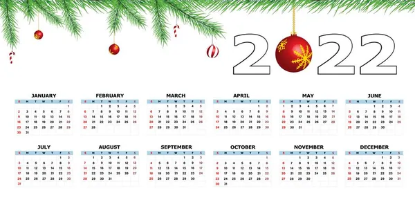 Kalender 2022 Mall Vit Bakgrund Veckan Börjar Söndag Helgdagar Röda — Stock vektor