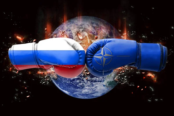 Illustration Flags Russia Nato Boxing Gloves Planet World Bomb Background — стоковое фото