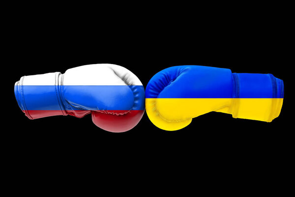 3D illustration flags of Russia and Ukraine on boxing gloves isolated on a black background.