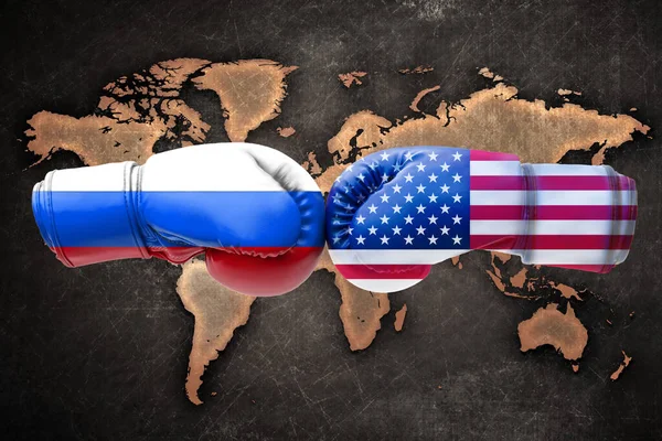 3D illustration flags of Russia and USA on boxing gloves on a map world background.