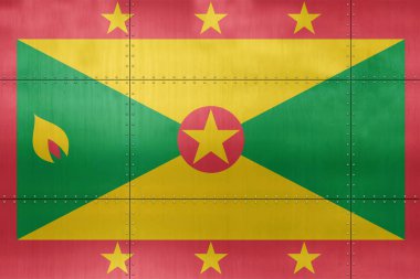 3D Flag of Grenada on a metal wall background.