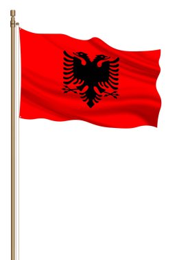 3D Flag of Albania on a pillar blown away isolated on a white background.
