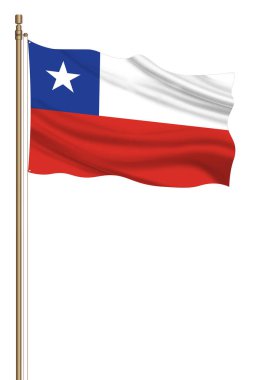 3D Flag of Chile on a pillar blown away isolated on a white background.