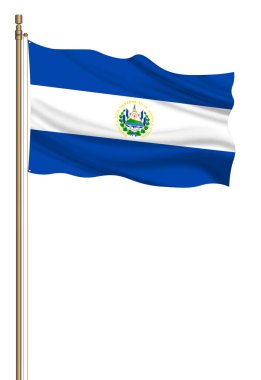 3D Flag of El Salvador on a pillar blown away isolated on a white background.