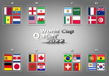 3d illustration groups of World Cup Qatar 2022 championship. All 32 qualifying countries.