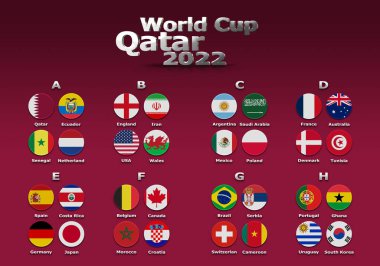 3d illustration groups of World Cup Qatar 2022 championship. All 32 qualifying countries. On the background of the flag of Qatar.