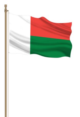 3D Flag of Madagascar on a pillar blown away isolated on a white background.