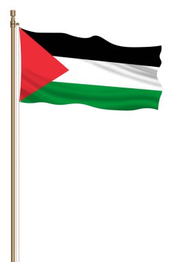 3D Flag of Palestine on a pillar blown away isolated on a white background.