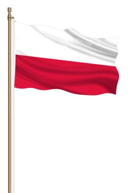 3D Flag of Poland on a pillar blown away isolated on a white background.