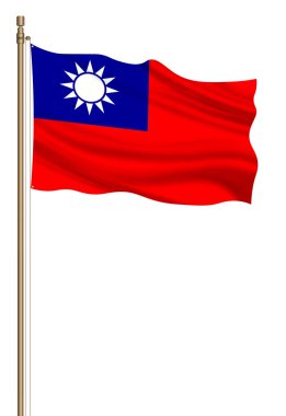 3D Flag of Republic of China on a pillar blown away isolated on a white background.
