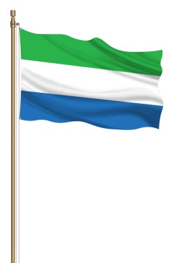 3D Flag of Sierra Leone on a pillar blown away isolated on a white background.