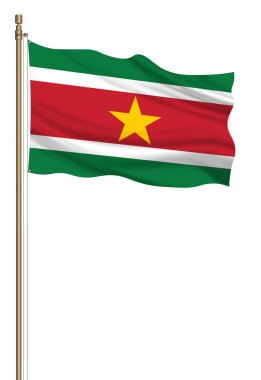 3D Flag of Suriname on a pillar blown away isolated on a white background.