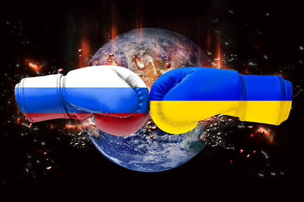 3D illustration flags of Russia and Ukraine on boxing gloves on planet world bombs background.