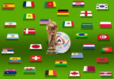 Dünya Kupası Katar 2022 Şampiyonası 'nın 3 boyutlu illüstrasyon grupları. 32 eleme ülkesinin hepsi. FIFA ve Adidas tarafından döşenmiş elementler.