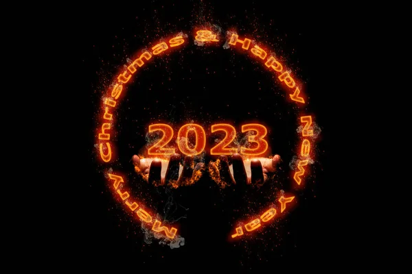 3Dイラスト新年のコンセプト火の上にテキストの火のデザインと2023年のデザインは手を燃やしていた — ストック写真