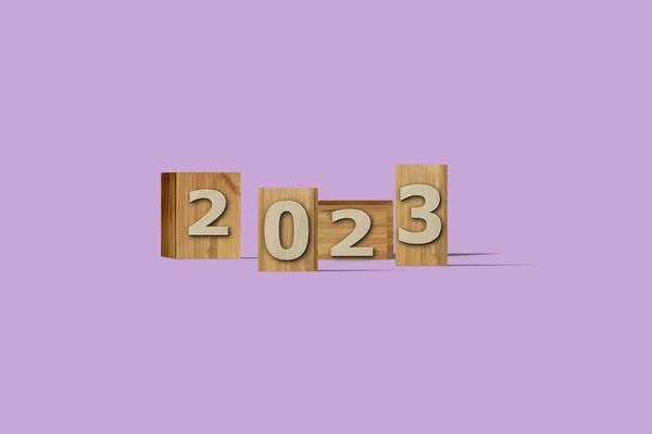 3Dイラスト新年のコンセプト紫色のバラ色の背景に木の箱にテキストと2023デザイン — ストック写真