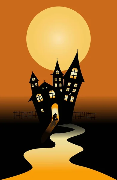 Концепция Хэллоуина Приглашение Вечеринку Лунной Ночью Замком Векторная Иллюстрация — стоковый вектор