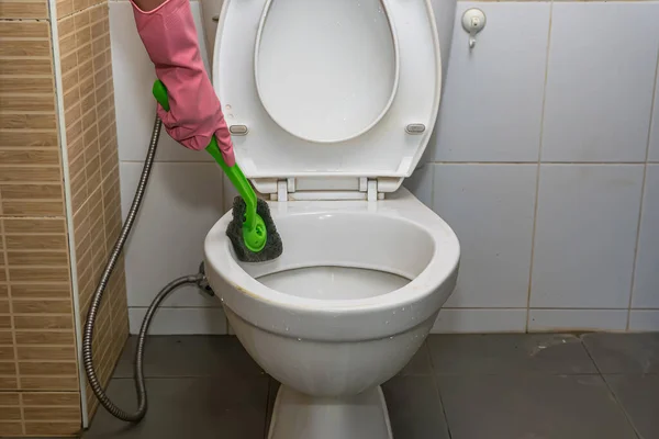 Woman cleaning toilet ware that is very dirty.