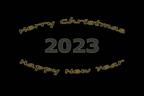 3D图解新年概念2023设计与文字牛仔设计的黑色背景 — 图库照片