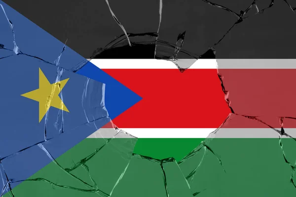 Bandeira Sudão Sul Fundo Quebra Vidro — Fotografia de Stock