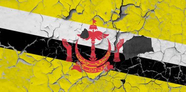 Brunei 'nin 3 boyutlu bayrağı eski bir duvarın arkasında.