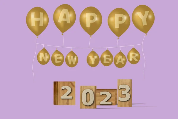 Illustration Neujahrskonzept 2023 Mit Text Auf Der Holzkiste Und Luftballons — Stockfoto