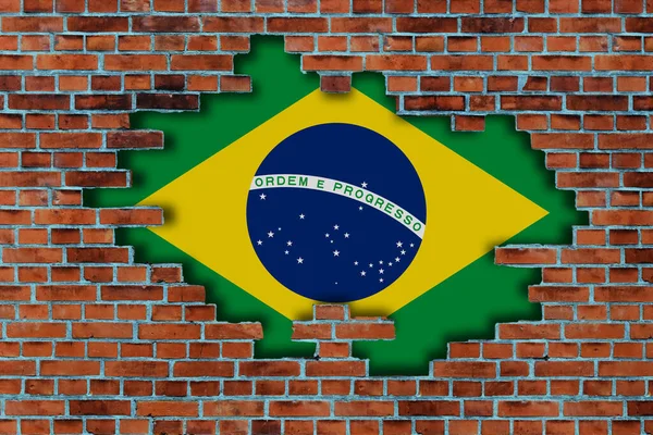 Vlag Van Brazilië Achter Gebroken Oude Stenen Muur Achtergrond — Stockfoto