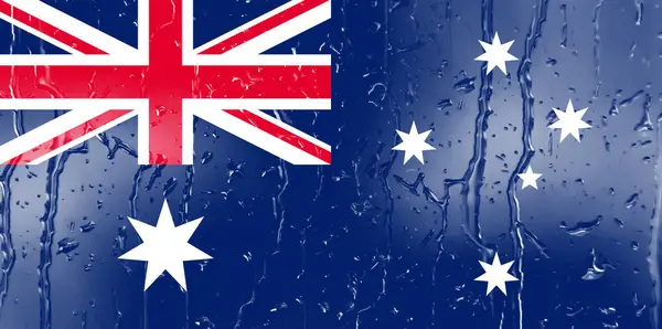水滴背景玻璃杯上的澳大利亚3D国旗 — 图库照片