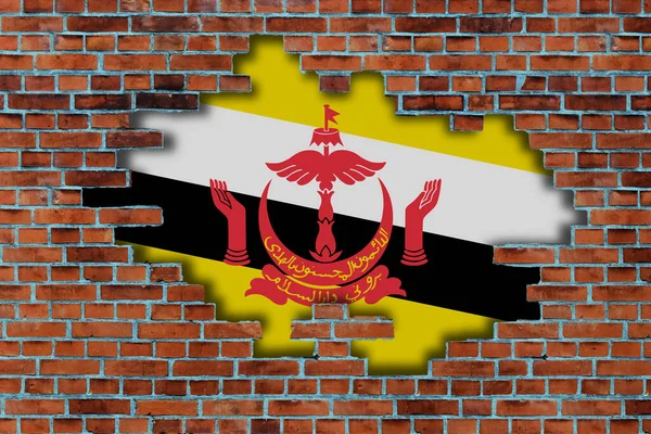 Flagga Brunei Bakom Den Trasiga Gamla Stenmuren Bakgrund — Stockfoto