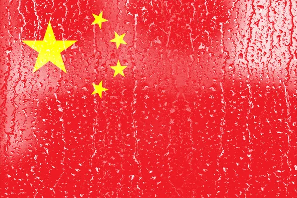 水滴背景玻璃上的中国3D国旗 — 图库照片