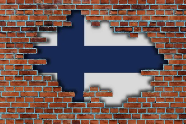 Bandiera Della Finlandia Dietro Vecchio Muro Pietra Rotto Sfondo — Foto Stock