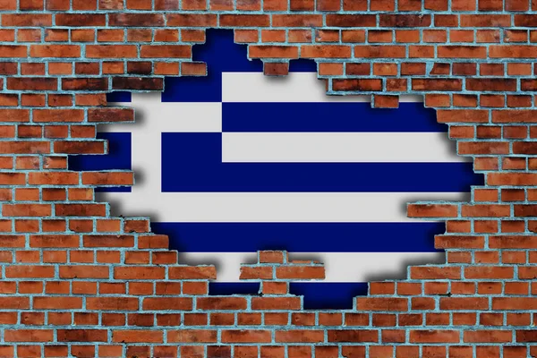 希腊国旗在破碎的旧石墙后面 — 图库照片