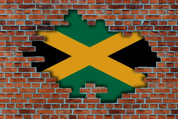 Flagga Jamaica Bakom Den Trasiga Gamla Stenmur Bakgrund — Stockfoto