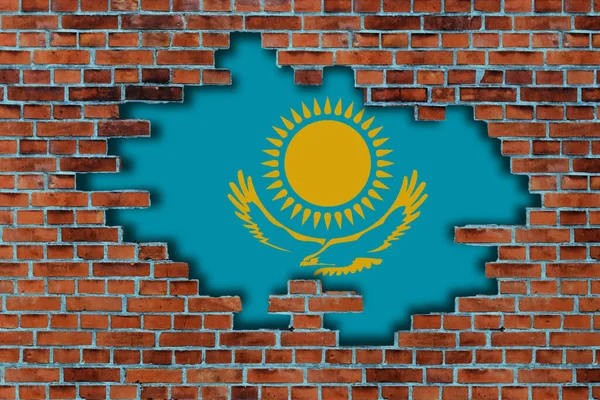 Flagge Von Kasachstan Hinter Dem Gebrochenen Alten Steinmauer Hintergrund — Stockfoto