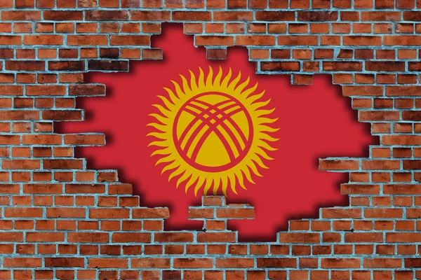Flagge Kirgisistans Hinter Dem Zerbrochenen Alten Steinmauer Hintergrund — Stockfoto